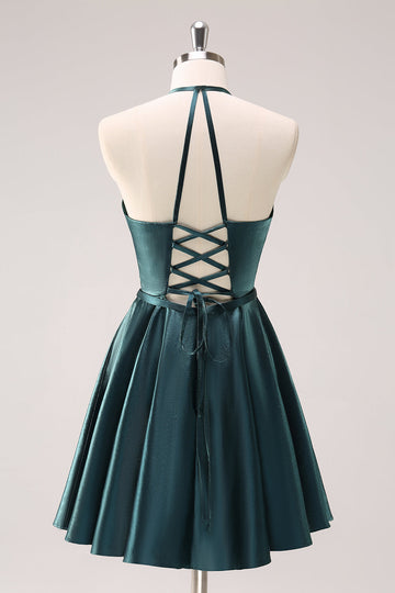 Vestido de fiesta corto con escote halter en azul pavo real Espalda con cordones